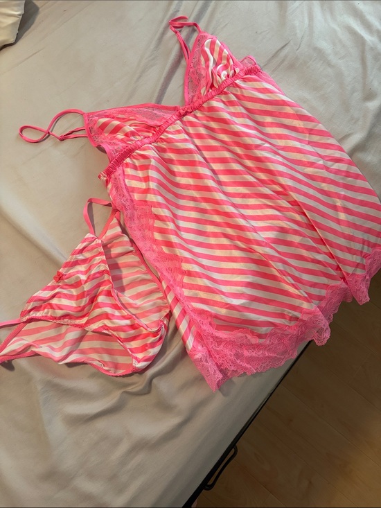 Victoria's Secret Other - Victoria's Secret Pink and White Striped Lace-Trim Satin Chemise Set